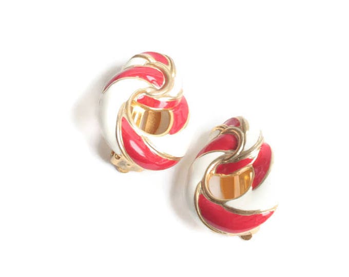 Red and White Enameled Earrings Clip Swirled Design Clip On Vintage