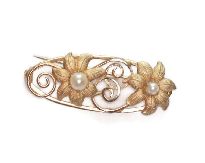 Cultured Pearl Oval Pin Brooch Flowers Gold Tone Vintage