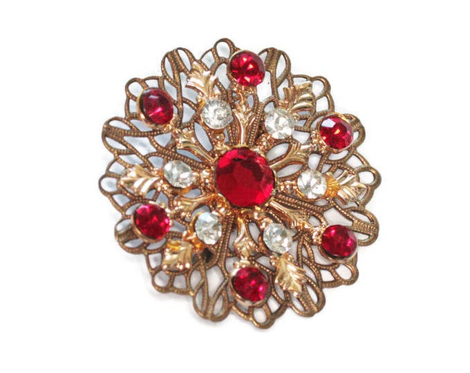 Red and Clear Rhinestone Filigree Brooch Gold Tone Atomic Style Vintage