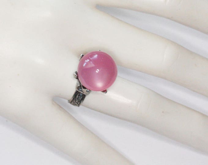 Pastel Pink Moonglow Ring Adjustable Silver Tone Band Vintage