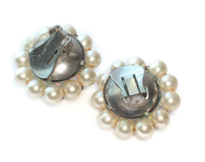 Faux Pearl and AB Bead Cluster Earrings Rhinestone Accents Clip On Style Vintage