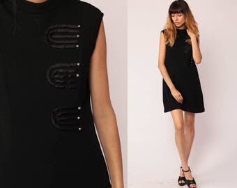 Black Mini Dress 60s Mod Shift Mini LBD Twiggy Party ASYMMETRICAL BUTTON Up Gogo 70s Vintage Retro Go Go MiniDress Sleeveless Large