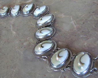 Vintage Silver Tone Mother of Pearl Link Bracelet