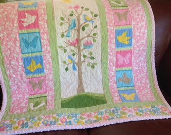 Tree Of Life Baby Girl Quilt - READY TO SHIP - Baby Quilt - Tree of Life - In Stock - Robert Kaufman Fabric Panel