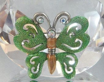 SALE Vintage Green Butterfly Brooch. Green Pewter Butterfly Pin with Rhinestones