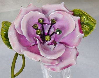 SALE Vintage Lavender and Green Flower Brooch. Large Pale Purple Pink and Olive Green Rhinestone Flower Pin.