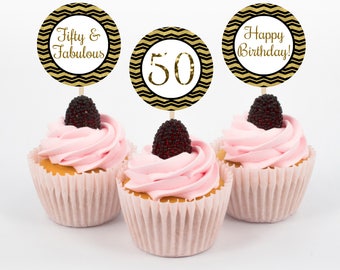 Fifty and Fabulous Cupcake Toppers, 50th Birthday Party, 50th Cupcake Topper, Cupcake Topper, Gold Black Cupcake Topper, Gold Black Birthday
