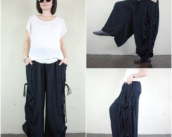 Love Me..Love Me Not IV - Steampunk Black Cotton Wide Leg Pants With 2 Roomy Pockets & Side Ruching