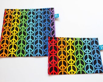 Reuseable Eco-Friendly Set of Snack and Sandwich Bags in Rainbow Peace Signs Fabric
