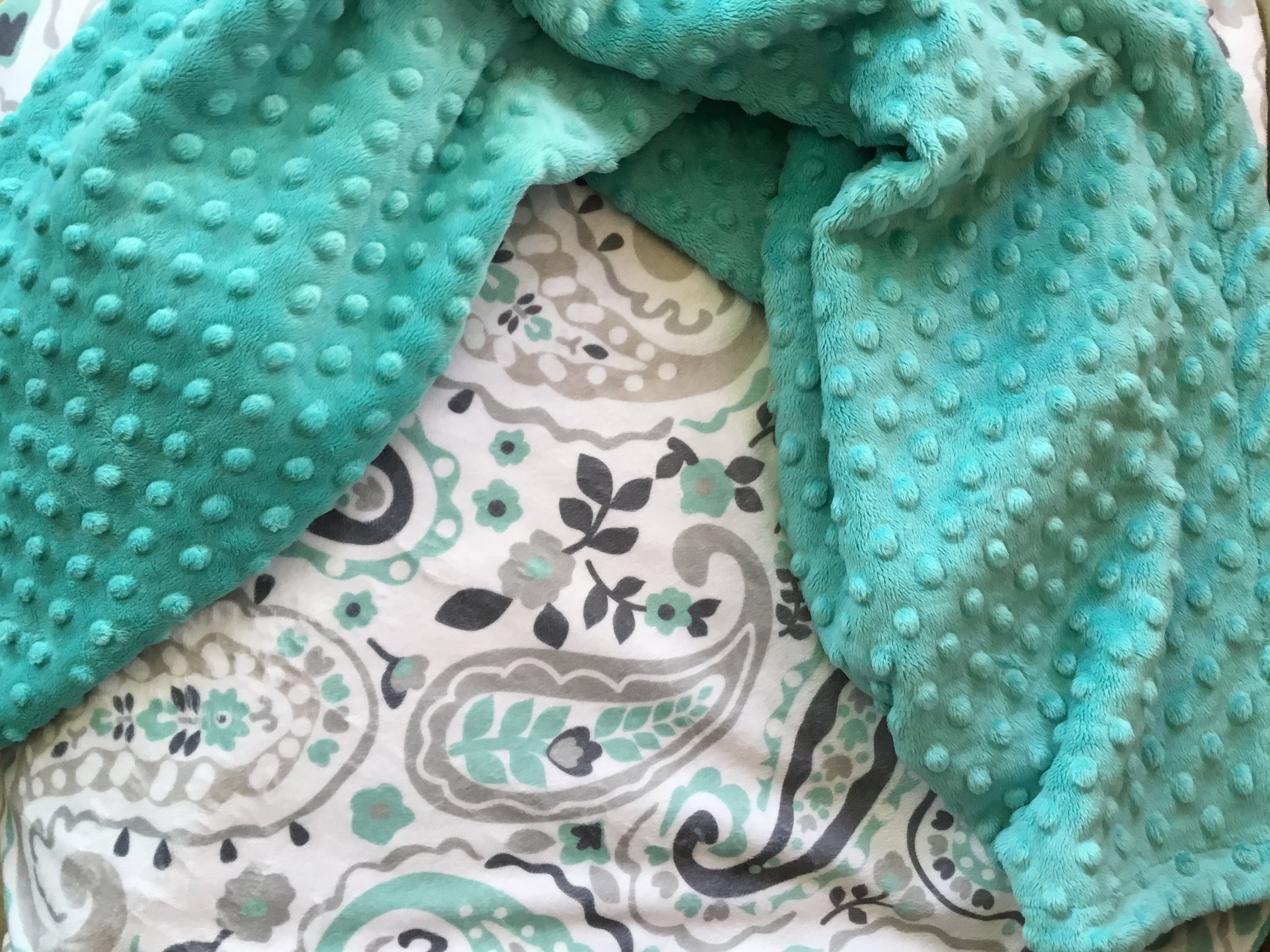 Minky Blanket in Dimple Dot Breeze/Paisley mint green/grey
