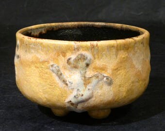 Chawan by artist George Watson Japanese Style Tea Bowl Hand Carved Double Legs Foot design with Figures