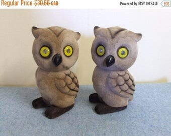 CLEARANCE Pair of Flocked Owl Coin Banks - Hong Kong Retro Collectible Home Decor Woodland Animal Banks Piggy Banks