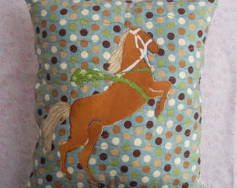 Horse Throw Pillow Brown Applique on Polka Dots