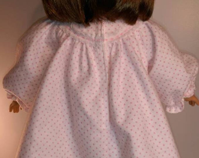 White and pink dotted flannel winter long nightgown fits 18 inch dolls like american girl