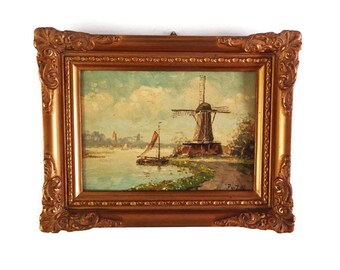Antique Dutch Oil on Board Painting / Signed Framed Vintage Windmill Waterscape in Original Gesso Wood Frame/ Sailboats and Windmill