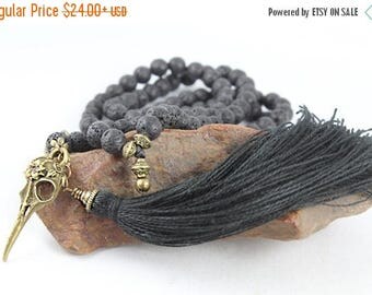 LATE SHIP SALE Raven Skull Mala Necklace, Skull Necklace, Mala Beads, Black Mala, Tassel Necklace, Skull Bracelet, Wiccan Jewelry, Skull Mir