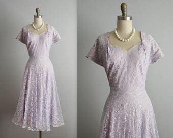 50's Lace Dress // Vintage 1950's Lavender Lace Full Wedding Party Prom Dress