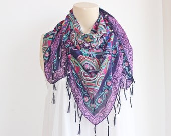 Navy Scarf/ Square Scarf with Tassels and Pearls- Tile Pattern Scarf-Ottoman Print Scarf-Turkish Anatolian Scarf-Navy and Pink Scarf