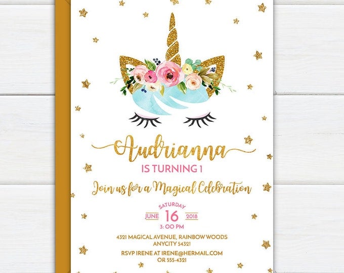 Unicorn Invitation, Gold Glitter and Pink Unicorn Birthday Party Invitation, Unicorn First Birthday Printable Invitation