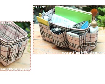 Purse Organizer Insert Handmade Gift / Extra Sturdy / Pink Plaid / Medium 22x8cm
