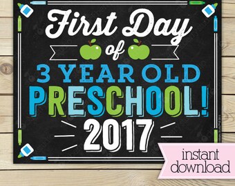 Boy First Day of 3 year old Preschool Sign Printable - 1st Day of Preschool - First Day of School Sign - Chalkboard Sign - Instant Download