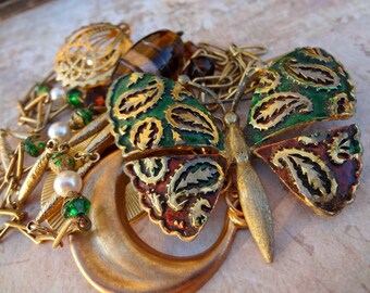 Greens and Gold Found Items / Vintage Scrap Destash for Assemblage / Glass, Metal, Brass, Iron Supplies / Sculpture Supply (J2)