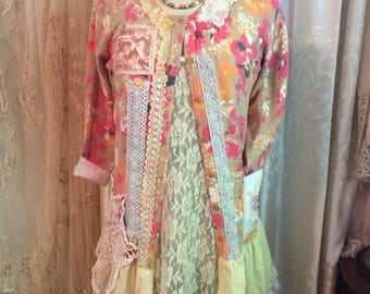 Colorful Festival Sweater, refashioned sweater, shabby lace embellished, orange pink sweater ,country chic, cottage chic, SMALL