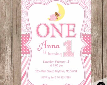 Teddy Bear moon birthday invitation, girl damask 1st birthday invitation, moon birthday invitation, birthday, moon bear (Any Age)