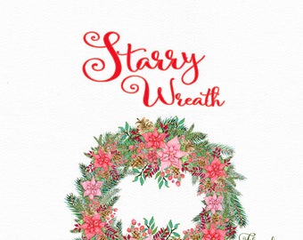 Poinsettia wreath clipart, watercolor clipart, Christmas wreath clipart,holiday wreath,Christmas clipart,pine wreath,invitation clipart