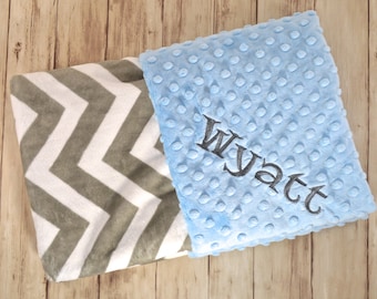 Monogrammed Baby Blanket - Chevron minky blanket, Gray and Light Blue Personalized Gift - Soft Boy - zig zag blanket with name, birth stats