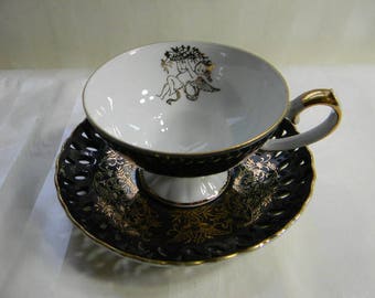 Vintage Lefton China, Reticulated, Footed, Pedestal, Black and Gold Teacup, Cherubs