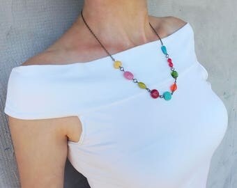 Contemporary jewelry, glass beaded necklace, gift for women, multicolored necklace, artistic jewelry, Frolicsome