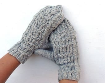 Hand knitted convertible gloves, knit gray wool hooded gloves, grey cabriolet winter gloves, adult gloves, aran cabled arm warmers, mittens
