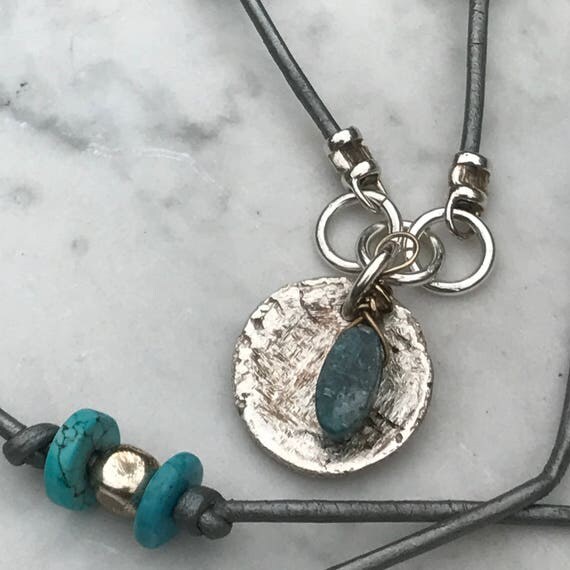 Raw Silver - Leather - Sterling Silver Oxidized - Turquoise Necklace - Rustic Artisan Urban Sundance style
