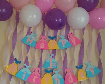 Disney princess happy birthday banner- Cinderella, Snow White, and Sleeping Beauty dresses