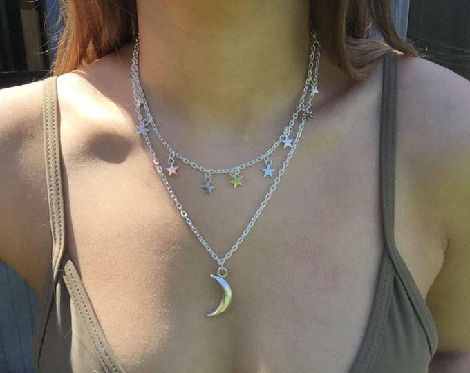 Layered moon & stars necklace, moon stars choker, layered choker, necklace for women, silver necklace, layered silver choker, choker,gift