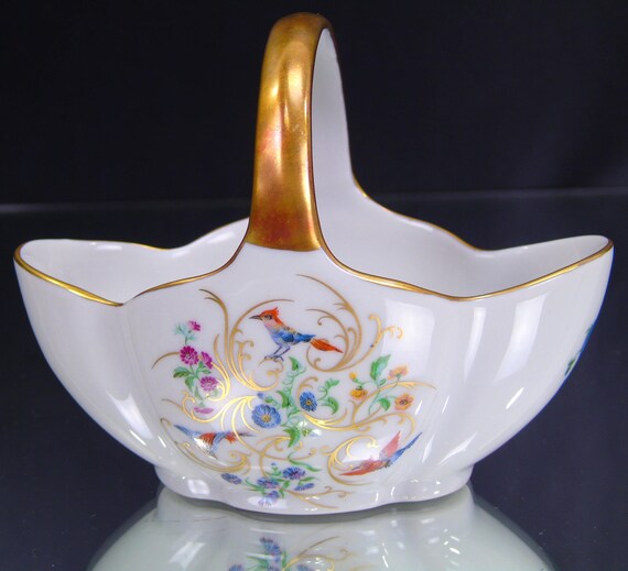 Limoges Porcelain Basket Birds and Florals Gilt Handle Limoges