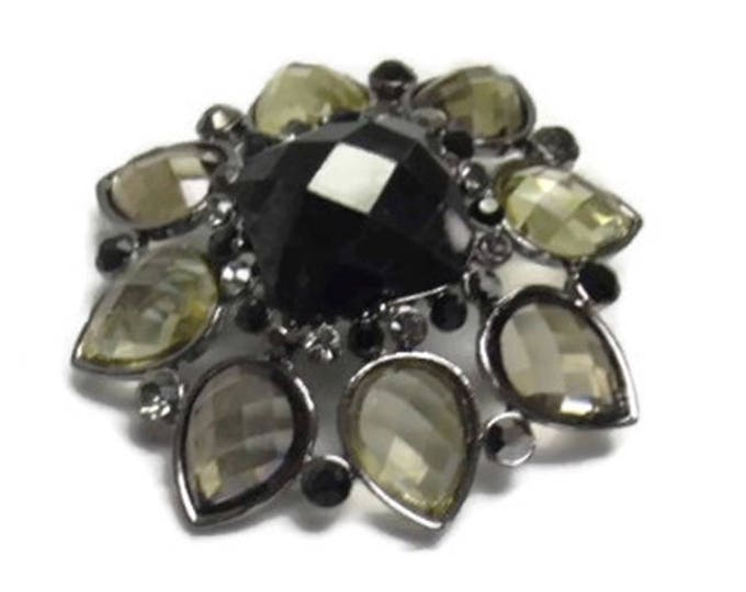 FREE SHIPPING Louis Dell'Olio brooch, gunmetal floral brooch, grey and black rhinestones, pear shape leaves and square center, resin