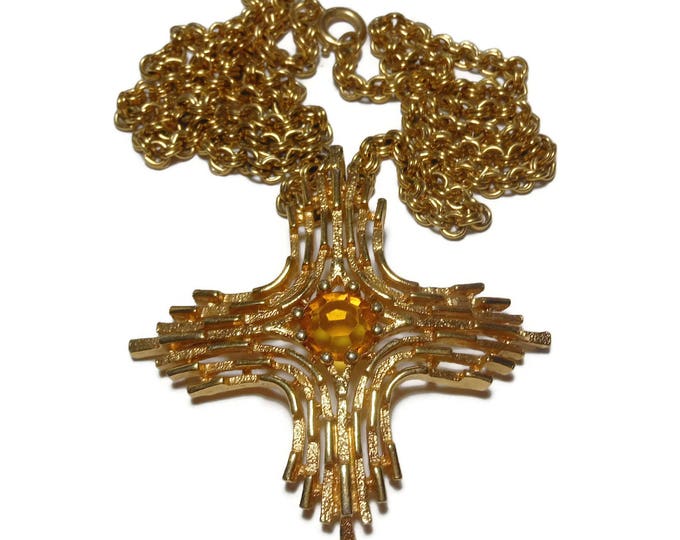 FREE SHIPPING Sarah Coventry cross pendant, 'Omega', gold tone original chain, hidden bail, orange yellow art glass center, textured layers