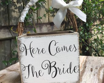 Rustic Flower Girl Basket - Shabby Chic - Here Comes the Bride - Cottage - Vintage Wedding - Wooden Basket - Wood