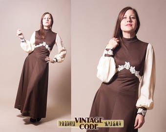 Dark Brown 70s vintage Maxi Dress / Crimplene maxi dress / Formal dress / Hostess Boho dress 70s 60s vintage / size small
