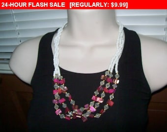 Pink faux shell necklace, multistrand beads, hippie, boho