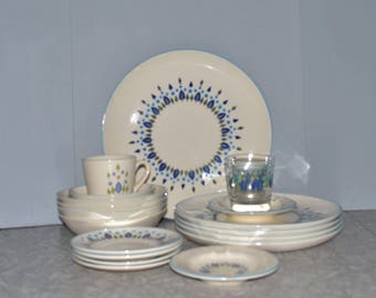 Stetson Marcrest Swiss Chalet Alpine Dinnerware ~ 19 piece set ~ Turquoise ~ Mid Century Dinnerware ~ Epsteam