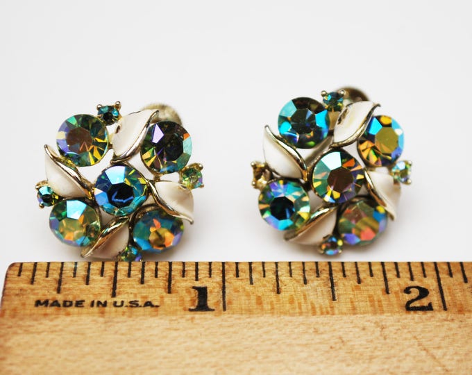 Lisner Earrings - Aurora Borealis crystal - Cream enamel - Green rhinestone - gold metal - cluster bead - Screw back earrings