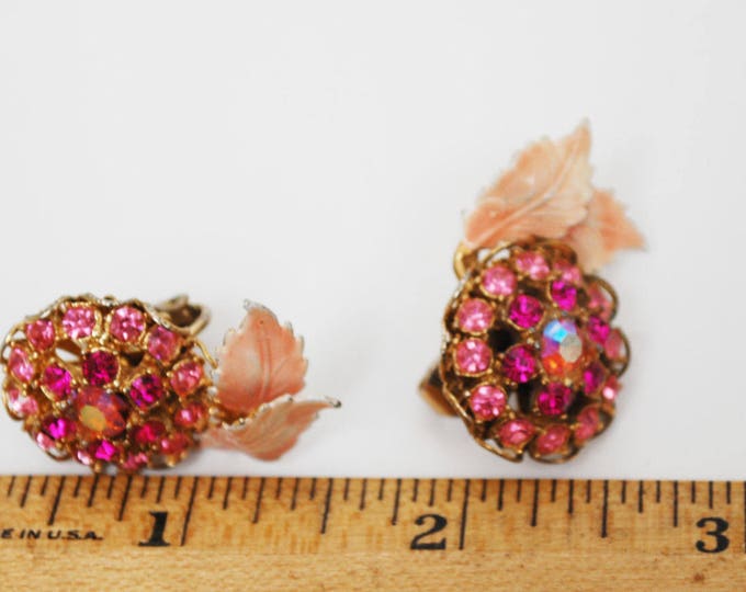 Pink Rhinestone Earrings - Enamel leaf - Flower floral - Mid Century - clip on -Aurora Borealis