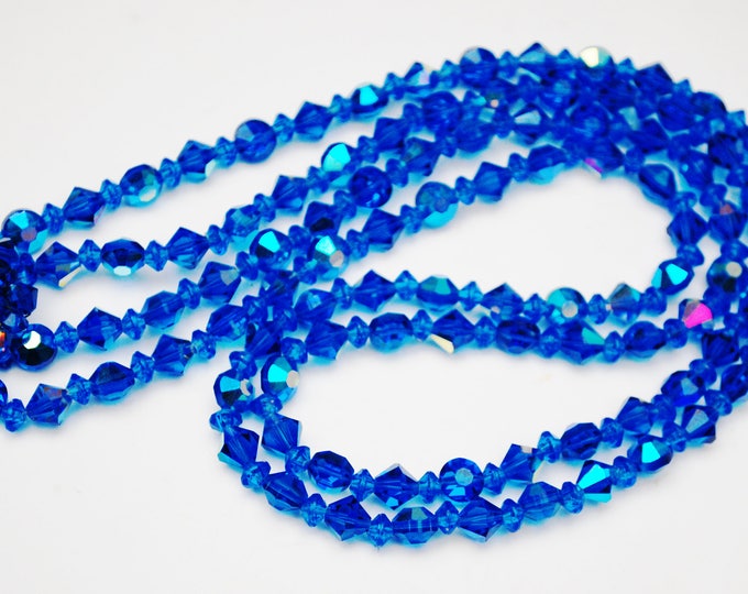 Blue Crystal bead Necklace - double strand - cut crystal glass beads - Cluster bead clasp - 23 inches long