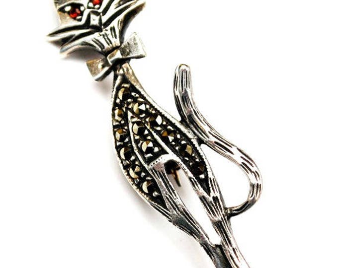 Sterling silver Cat Brooch - marcasites - Red rhinestone eyes - feline kitty pin