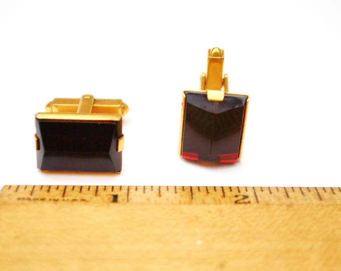 Red Lucite cuff link -gold metal - Mid century - Rectangle plastic - Mens cufflinks