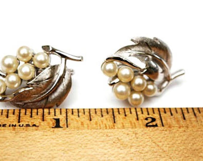 Trifari Rhinestone Clip on Earrings - White pearl - Silver leaf - Mid Century Crown Trifari Jewelry