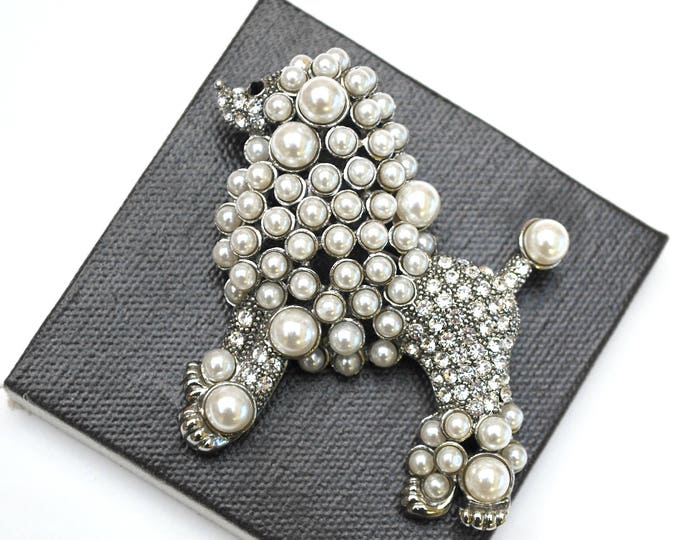 Poodle Brooch - Clear rhinestones - White pearl - large dog puppy - figurine pin